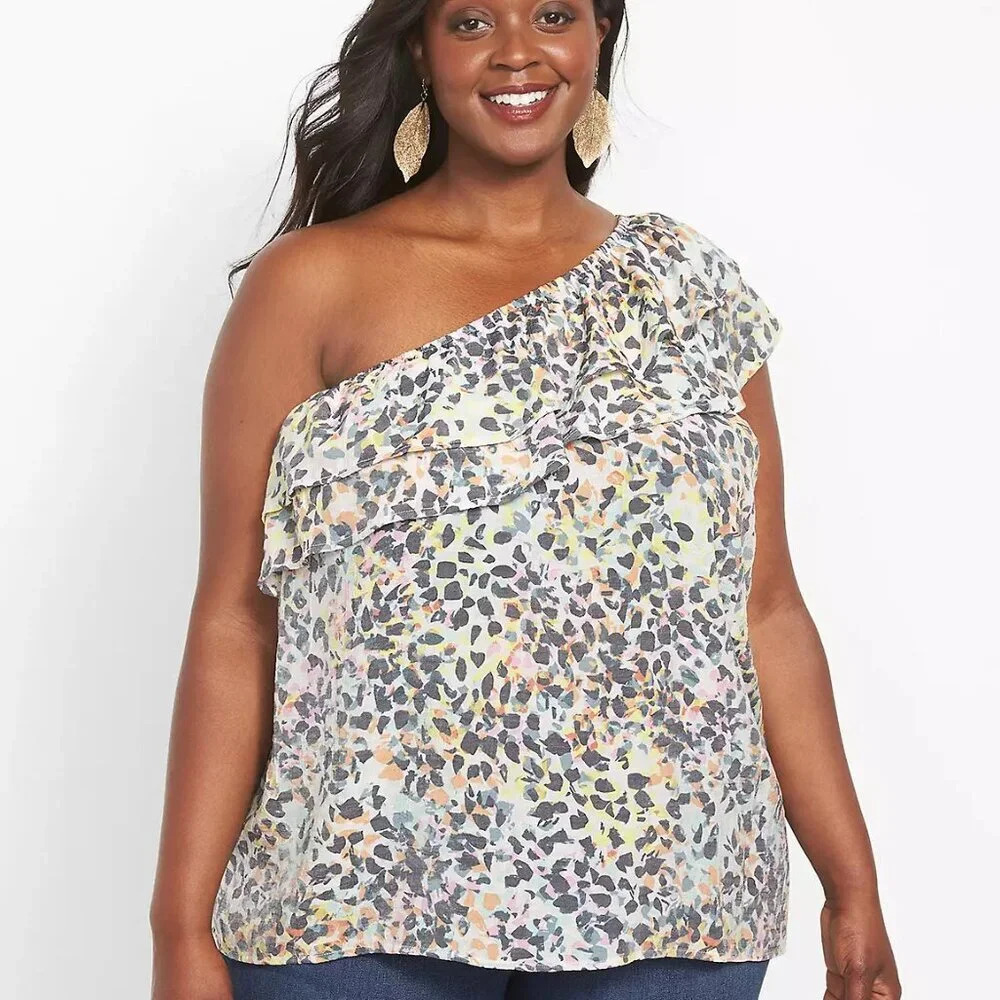 NWOT Lane Bryant Classic Multicolored One-Shoulder Ruffle-Front Top in Size 22